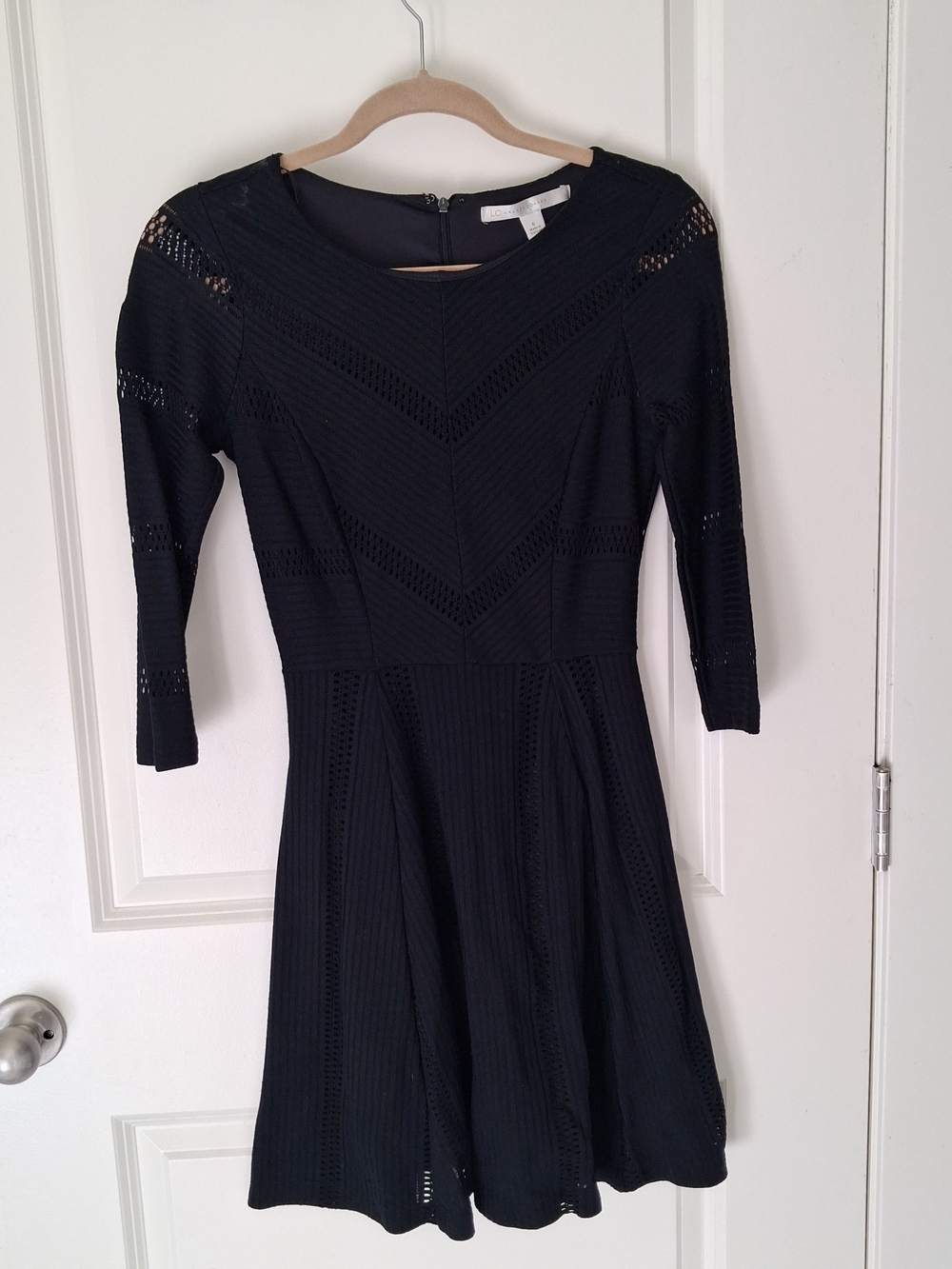 LC Lauren Conrad Black Pointelle Chevron Knit Dress - Fit & Flare Mini Sz 6